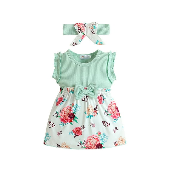 Baby Girl Outfit Sleeveless Floral Prints Princess Dress Dance Party Clothes Headbands Girl Baby Clothes Green 70(6 Months)