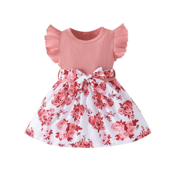 Baby Girl Outfit Summer Dress Ruffle Sleeveless Bow Top Splicing Floral Skirt Sundress Outfits New Born Clothes Baby Girl Pink 2(3 Years)