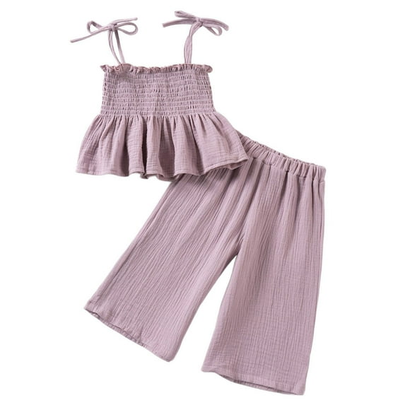 Baby Girl Outfit Summer Toddler Girl Camisole Outfit Linen Lace Smocked Sleeveless Tank Top and Pants 2 Piece Set Girl Outfits Pink 3 Years-4 Years