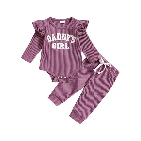 Outfits Fall Winter Crewneck Regular Fit Baby Girls Letter Print Button Cotton Rompers and Soild Color Print Drawstring Trouser Kids Warm Thick Activewear Purple,3-6 Months