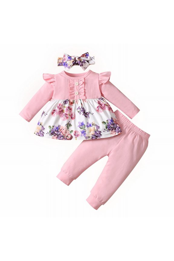 Baby Girl Outfits 18-24 Months Long Sleeve Skirt Headwear Flower Print Fashion Suitable Pink Outfit Sets