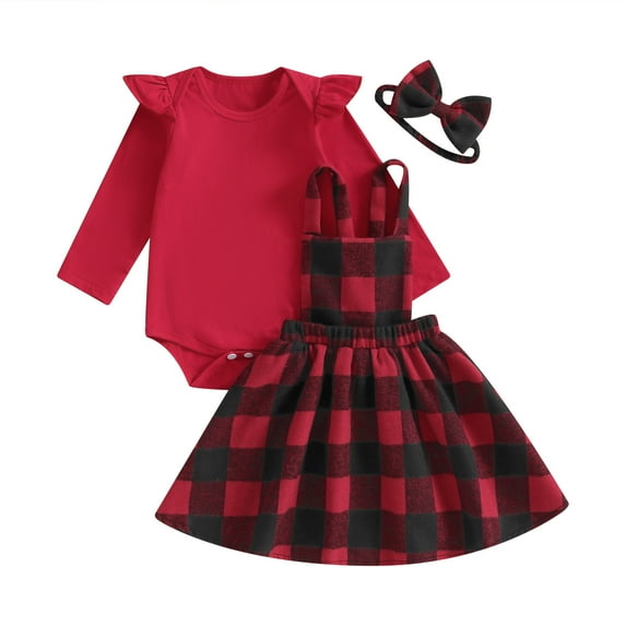 Baby Girl Outfits 3M 6M 12M 18M 24M Long Sleeve Red Black Romper Dress Newborn Plaid Suspender Skirts Infant Onesie Clothes Set