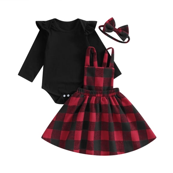 Baby Girl Outfits 3M 6M 12M 18M 24M Long Sleeve Red Black Romper Dress Newborn Plaid Suspender Skirts Infant Onesie Clothes Set