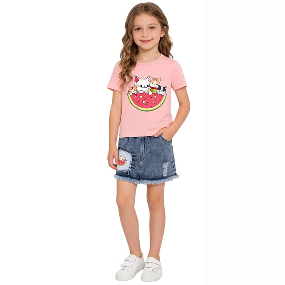 Baby Girl Outfits Comfortable Cartoon Kitten Print Short Sleeve Top with Denim Shorts 2 Piece Toddler Girl Clothes Pink Size 6-7 Y