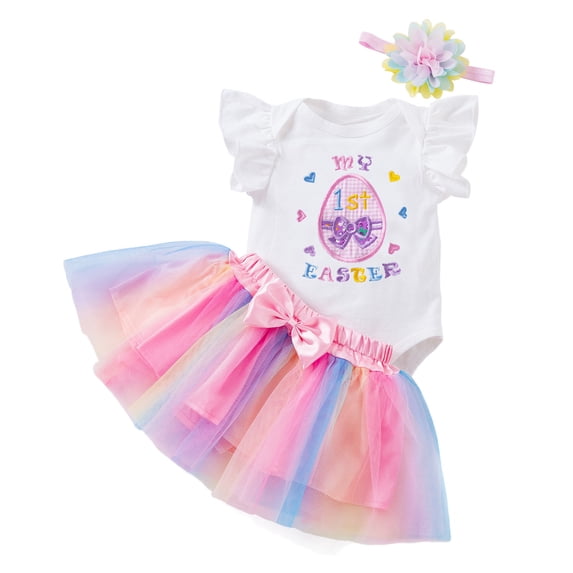 Baby Girl Outfits Easter Day Fly Sleeve Letter Prints Romper Bow Tie Mesh Skirts Headbands Kids Clothes Pink 18 Months-24 Months