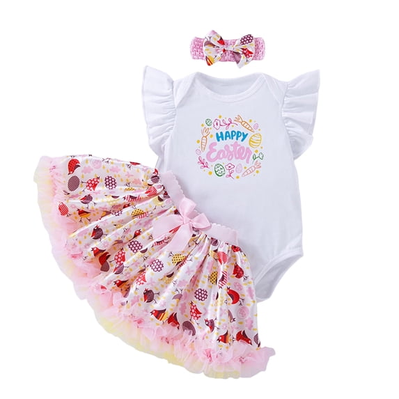 Baby Girl Outfits Easter Short Sleeve Cartoon Rabbit Prints Romper Bodysuit Mesh Tulle Skirt Girls Clothes Pink 9 Months-12 Months