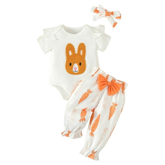 Baby Girl Outfits Easter Short Sleeve Rabbit Embroider Romper Bodysuit Pants Headbands Kids Clothes Orange 0 Months-3 Months