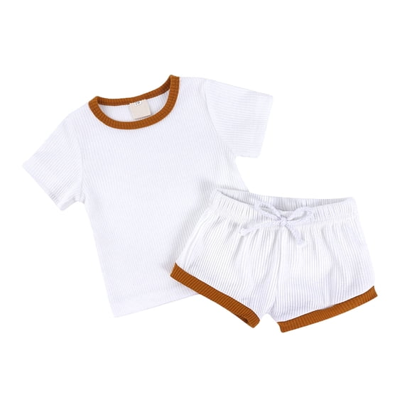 Baby Girl Outfits Fashional Ribbed Soild Short Sleeve Top Short Pants Two Pieces Set Outfits Loungewear Set Toddler Girl Clothes White 3 Years-4 Years
