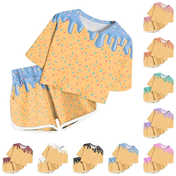 Baby Girl Outfits Ice Cream Print Short Sleeve Top and Shorts Summer Play Set Girls' Clothing Sets Light Pink 13-14T