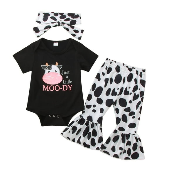 Baby Girl Outfits Boys Cute Cow Prints Short Sleeve Romper Pants Hairband 3Pcs Summer Girls' Clothing Sets Cute Shorts Set Black 6-12 Months