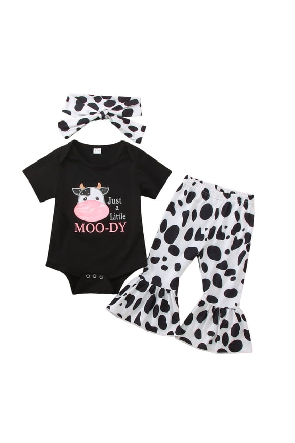 Baby Girl Outfits Boys Cute Cow Prints Short Sleeve Romper Pants Hairband 3Pcs Summer Girls' Clothing Sets Cute Shorts Set Black 6-12 Months