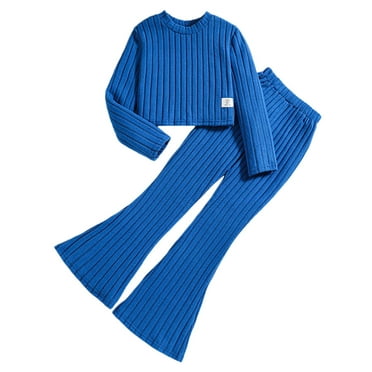 Baby Girl Outfits Kids Girl's Autumn Winter Solid Striped Long Sleeve Tops Flared Pants Set Girls Clothes Blue 7 Years-8 Years