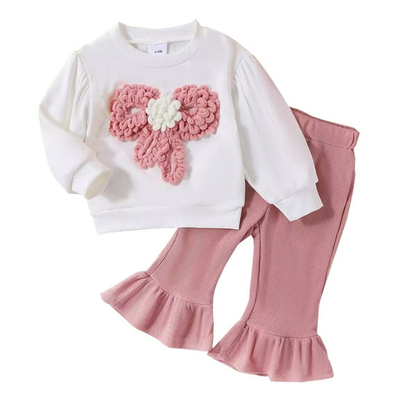Baby Girl Outfits Kids Spring Print Knitted Long Sleeved Floral Tape Tops Bottom Outfits Girl Baby Clothes White 12 Months-18 Months