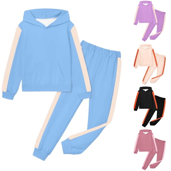 Baby Girl Outfits Kids Unisex Color Block Hoodie and Sweatpants Casual 2 Piece Set Girl Clothes Blue 10-11 Years