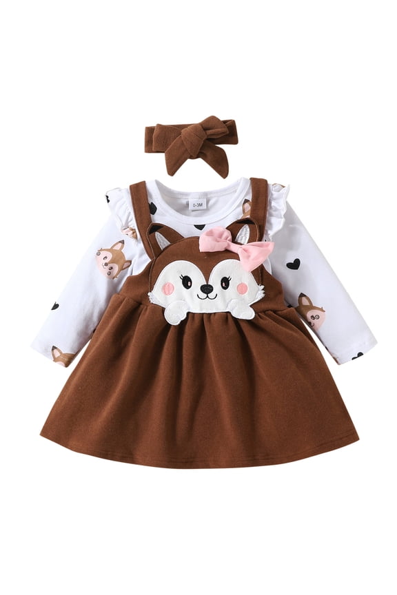 Baby Girl Outfits Long Sleeve Cartoon Print Romper Bodysuits Suspenders Skirts Bow Tie Headbands Outfits Baby Girls' Clothing Brown 3 Months-6 Months