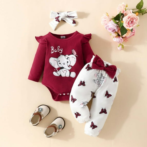 Baby Girl Outfits Long Sleeve Cartoon Prints Romper Bodysuit Pants Headbands Toddler Girls Clothes Red 9 Months-12 Months