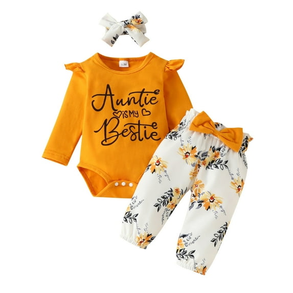 Baby Girl Outfits Long Sleeve Letter Printed Romper Bodysuit Pants Headbands Baby Girl Clothes Orange 9 Months-12 Months
