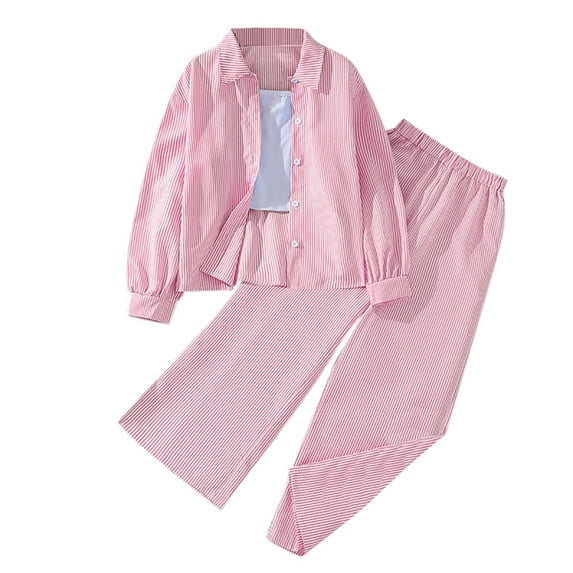 Baby Girl Outfits Long Sleeve Striped Button Down Shirt Tops Pants Casual Loose Set Toddler Girl Clothes Red 12-13 Years