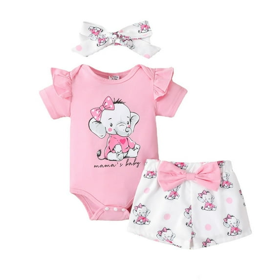 Baby Girl Outfits Print Elephant Spring Short Sleeve Romper Bodysuit Shorts Headbands Girls Summer Clothes Shorts Set Pink 9-12 Months