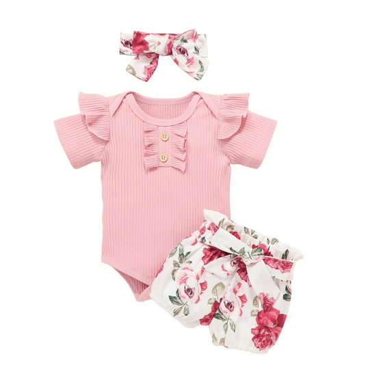 Baby Girl Outfits Solid Ribbed Romper Floral Bow Shorts Headbands Girls Summer Clothes Shorts Set Pink 0-6 Months