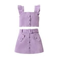 thumbnail image 1 of Baby Girl Outfits Ruffle Sleeveless T Shirt Tops Button Skirts With Belt 3Pcs Summer Cotton Suit Little Girls Clothes Purple 4 Years-5 Years, 1 of 7