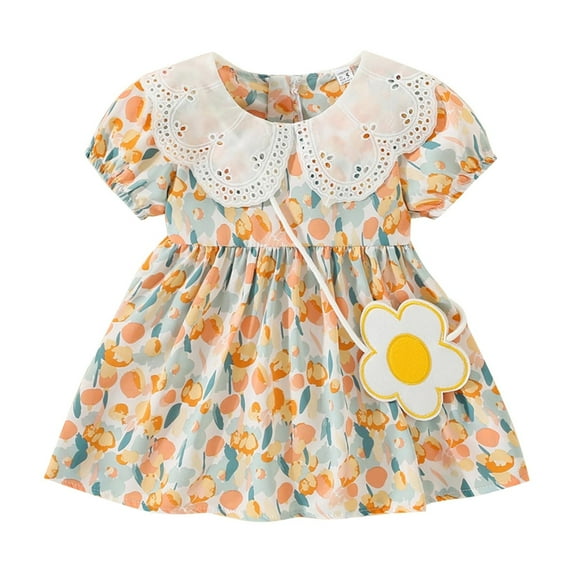 Baby Girl Outfits Short Sleeve Floral Prints Lace Ruffles Princess Dance Party Dresses Clothes Girl Baby Clothes Yellow 11(3 Years)