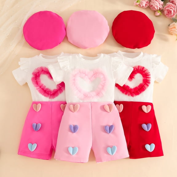 Baby Girl Outfits Short Sleeve Ribbed Heart Applique T Shirt with Shorts and Hat Set Girls' Clothing Sets Hot Pink 9-12M