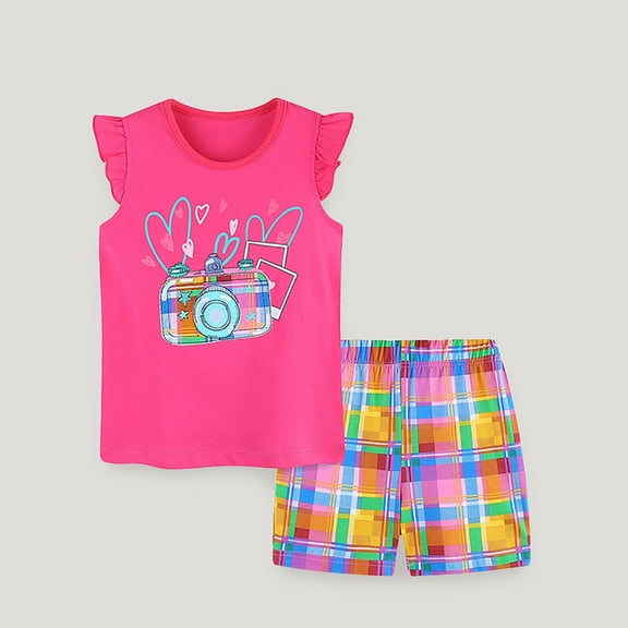 Baby Girl Outfits Size 6-7 Kids Summer Camera Cartoon Print Fly Sleeve T Shirt Tops and Plaid Shorts 2Pcs Clothes Set Girls Clothing Set Hot Pink