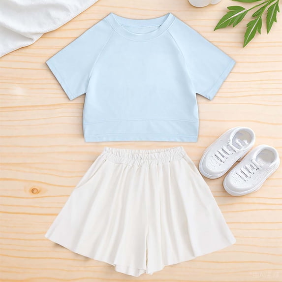 Baby Girl Outfits Solid Color Short Sleeve Crew Neck Top With Elastic Waist Shorts 2 Pcs Toddler Girl Sets Light Blue Size 5-6 Y