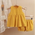 thumbnail image 1 of Baby Girl Outfits Solid Print Crew Neck Button Ruffles Sleeveless Tops And Shorts 2 Piece Casual Wear Girls' Clothing Sets Yellow 4 Years-5 Years, 1 of 3