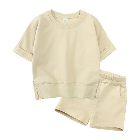Baby Girl Outfits Solid Pullover Short Sleeve Sweat Shirt T Shirt Crewneck Tops Shorts Set Baby Clothes For Girls Khaki 12 Months-24 Months