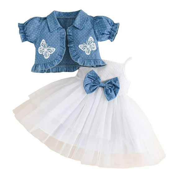 Baby Girl Outfits Spring Summer Halter Patchwork Mesh Skirt Short Sleeve Butterfly Print Tops Baby Girl Clothes White 9 Months-12 Months