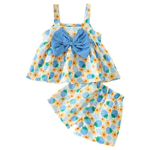 Baby Girl Outfits Summer Sleeveless Bowknot Strawberry Prints Tops Shorts Two Piece Set Kids Clothing Sets for Girl Size 18-24 Months