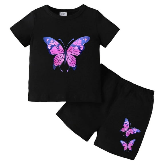 Baby Girl Outfits Toddler Baby Girls Summer Colorful Butterfly Hot Painted Short Sleeve Tops and Shorts Set Girl Outfits Black 12 Months-18 Months