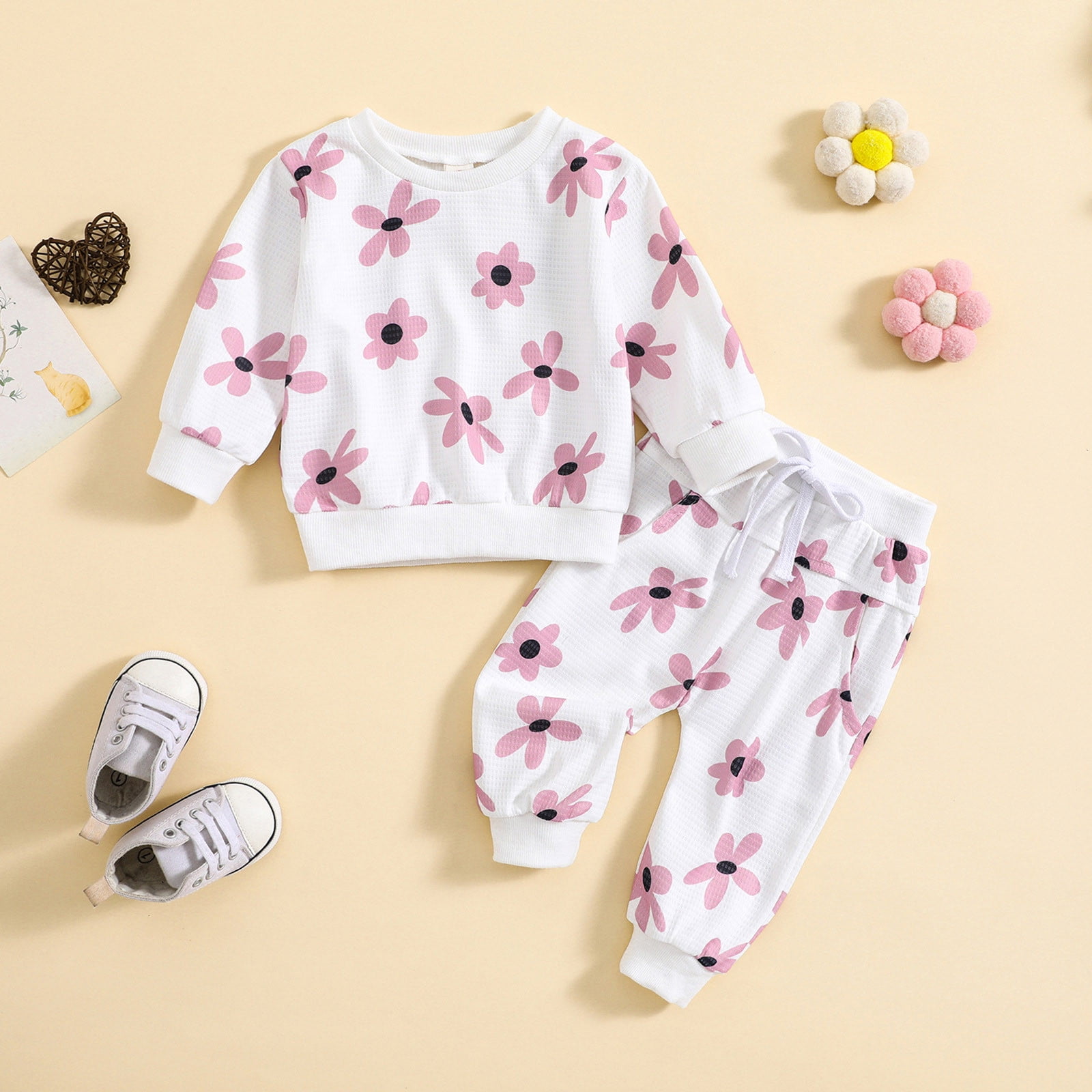 Baby Girl Outfits Winter Pants Flower Prints Long Sleeve Tops Pants