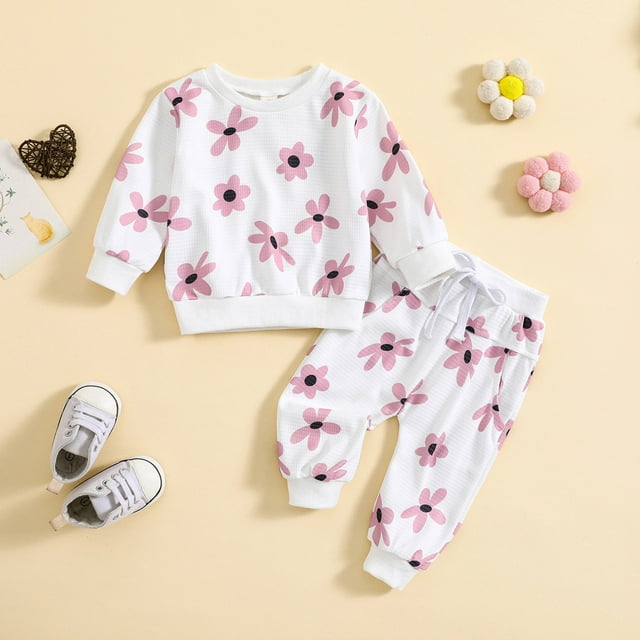 Baby Girl Outfits Winter Pants Flower Prints Long Sleeve Tops Pants