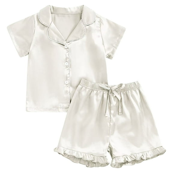 Baby Girl Pajamas 12 Months Silk Pajamas for Girls Button Down 2 Piece Pj Sets Kids Satin Pajamas Ruffle Short Sleeve Sleepwear Loungewear