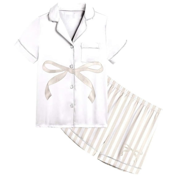 Baby Girl Pajamas Child Teen Girls Striped Print Satin Pajama Set Short Sleeve Top and Shorts Casual Sleepwear Outfit Lightweight Soft Kids Pajamas Beige 2 Years-3 Years
