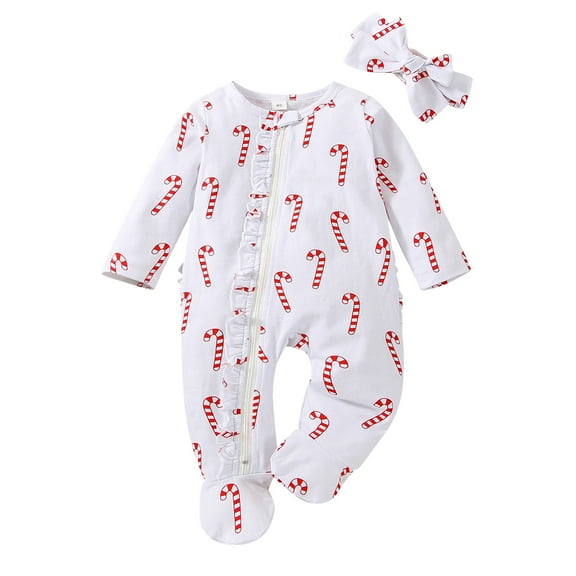 Generic 2025 New Boys Christmas Clothes Girls Ruffles Long Sleeve Round Neck Candy Cane Printed Romper Bowknot Ribbed Bodysuits Headbands Outfits0-3 MonthsWhite