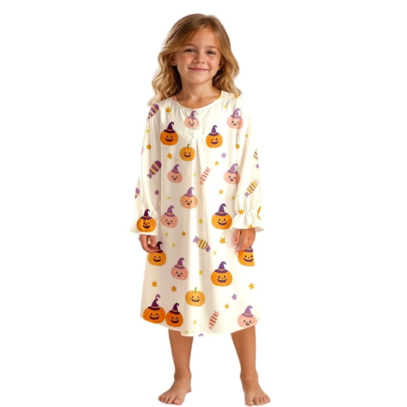 Baby Girl Pajamas Loose Halloween Pumpkin Print Long Sleeve Ruffle Crew Neck Nightgown Pjs for Girls Size 3-4 Y