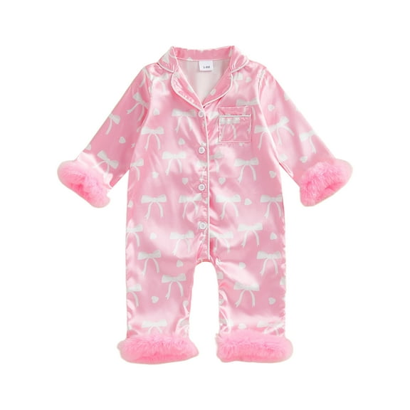 Baby Girl Pajamas Newborn Bow Print Button Down Romper Jumpsuit Furry Trim Nightgown Infant Valentines Sleepwear One-Piece Pjs,0-18M
