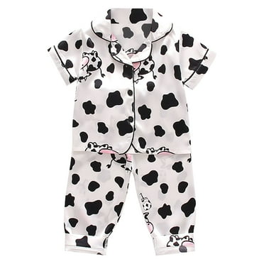 Baby Girl Pajamas Satin Short Sleeve Cartoon Button Down Shirt Tops Long Pants Silk Sleepwear Set Girls Pjs White 6 Months-12 Months