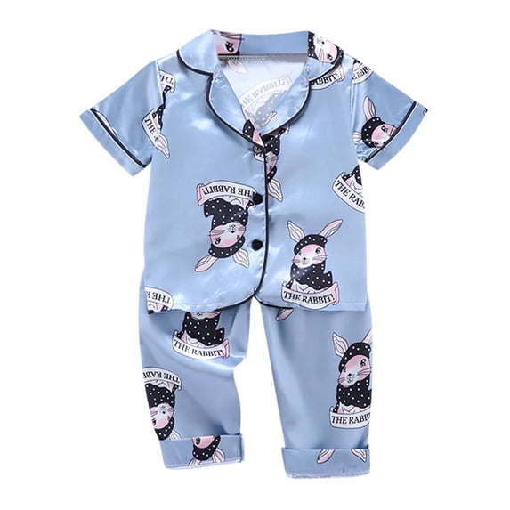 Baby Girl Pajamas Silk Loose Button-Up Cute Print Children Loungewear Short Sleeve Loungewear Clothes Set Blue,4-5 Years