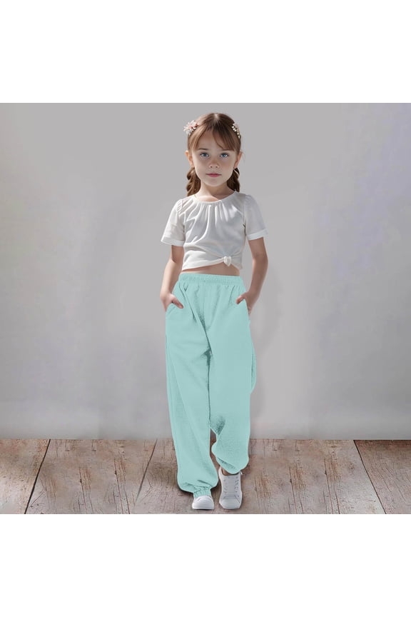 Baby Girl Pants Elastic Waist Solid Print Long Pants with Pockets for Casual Wear Blue 3 Years-4 Years