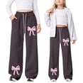 thumbnail image 1 of Baby Girl Pants Loose Fit Bowknot Print Elastic Waist Wide Leg Pants for Playground Play Brown 8 Years-9 Years, 1 of 9