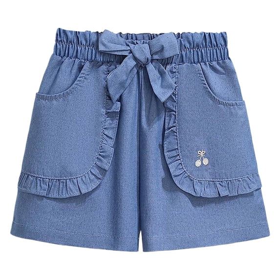 Baby Girl Pants Solid Print Elastic Waist Denim Casual Shorts with Bowknot for Summer Play Blue 3 Years-4 Years