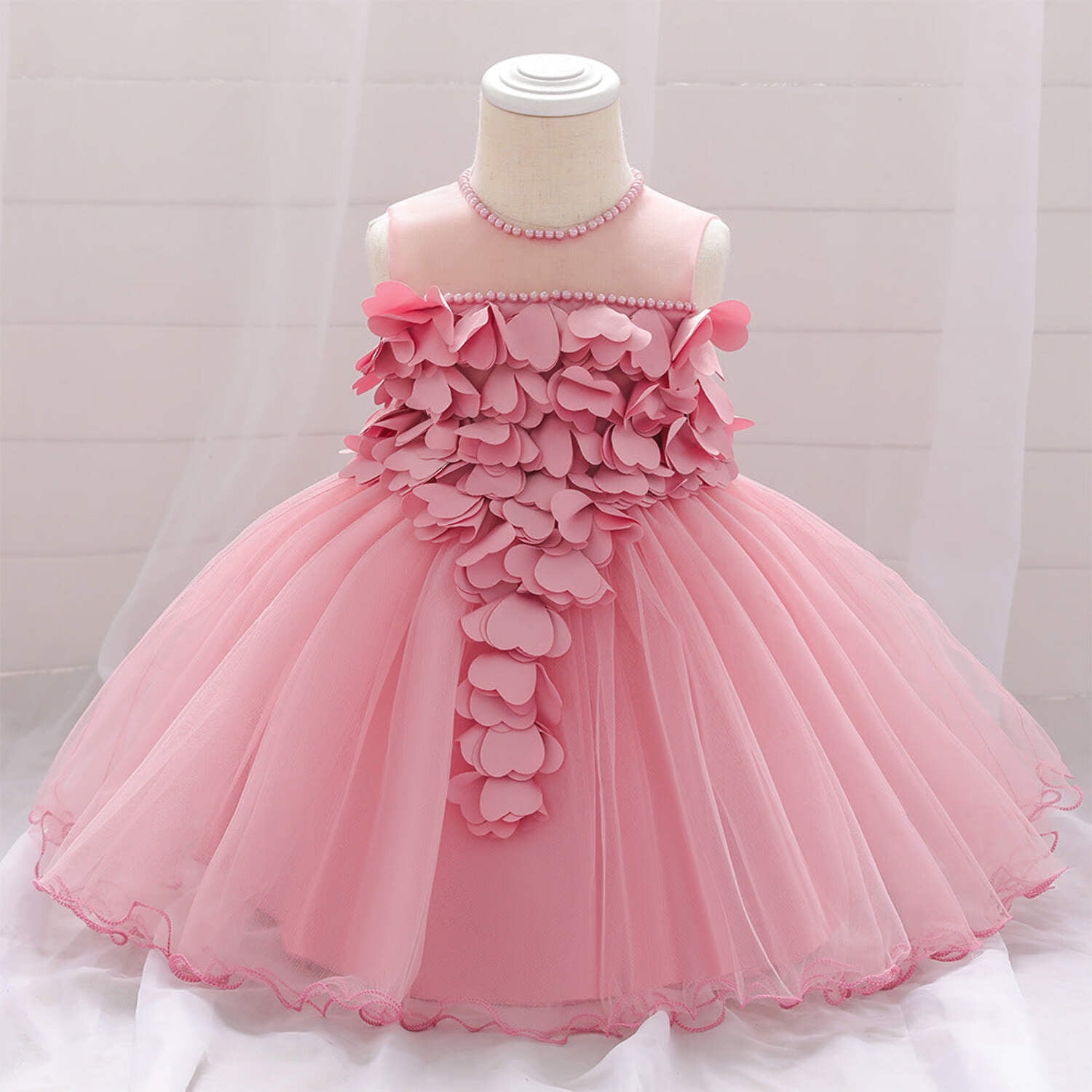 Baby Girl Petal Patched Design Sleeveless Full Moon Christening Mesh Dress