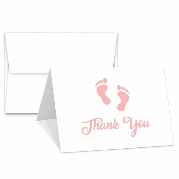 Baby Girl Pink Footprint Thank You Cards With Envelopes - Blank on The Inside - Baby Shower Gifts