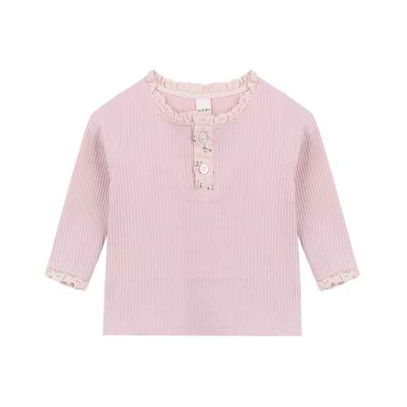 Baby Girl Pink Ribbed Long-Sleeve Top with Lace Trim & Henley Neck (6M-3T)
