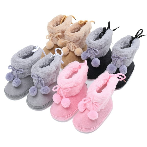 Baby Girl Pom-Poms Fleece Snow Boots Winter Warm Soft Sole Crib Shoes Booties for Newborn Infant Toddler